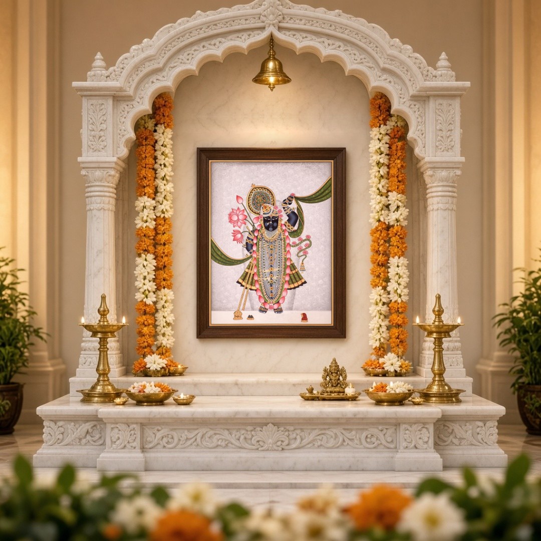 Immerse yourself in the divine elegance of Shrinathji, depicted with a resplendent lotus garland for Home Temple