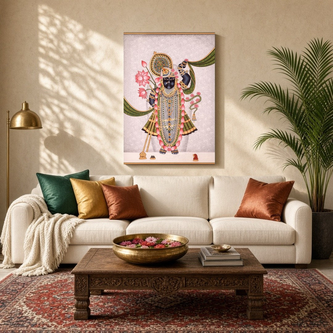 Immerse yourself in the divine elegance of Shrinathji, depicted with a resplendent lotus garland for Living Room