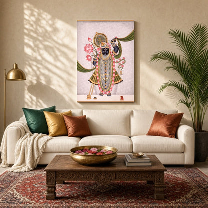 Immerse yourself in the divine elegance of Shrinathji, depicted with a resplendent lotus garland for Living Room