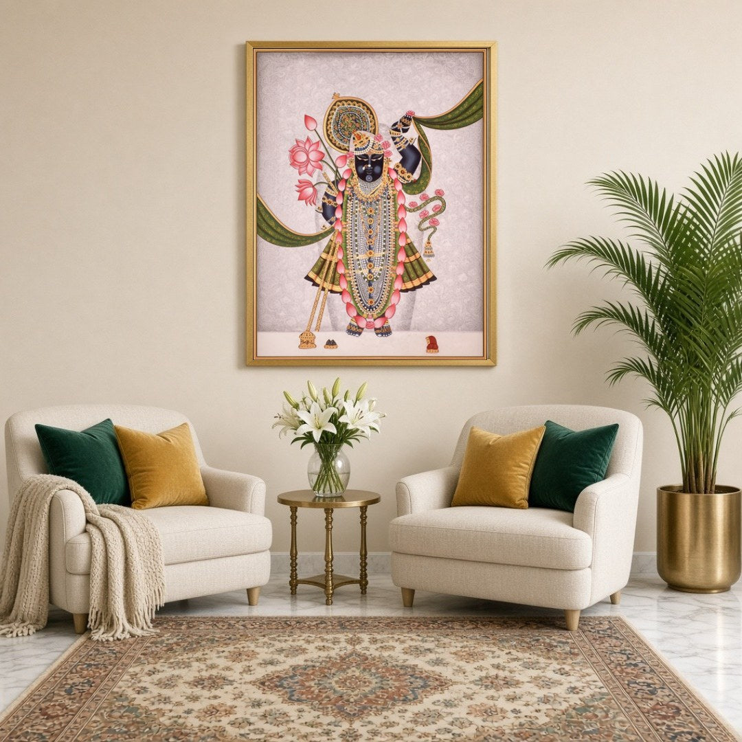 Immerse yourself in the divine elegance of Shrinathji, depicted with a resplendent lotus garland for Sitting Lounge