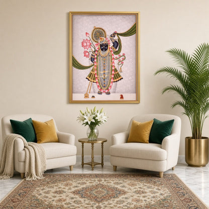 Immerse yourself in the divine elegance of Shrinathji, depicted with a resplendent lotus garland for Sitting Lounge
