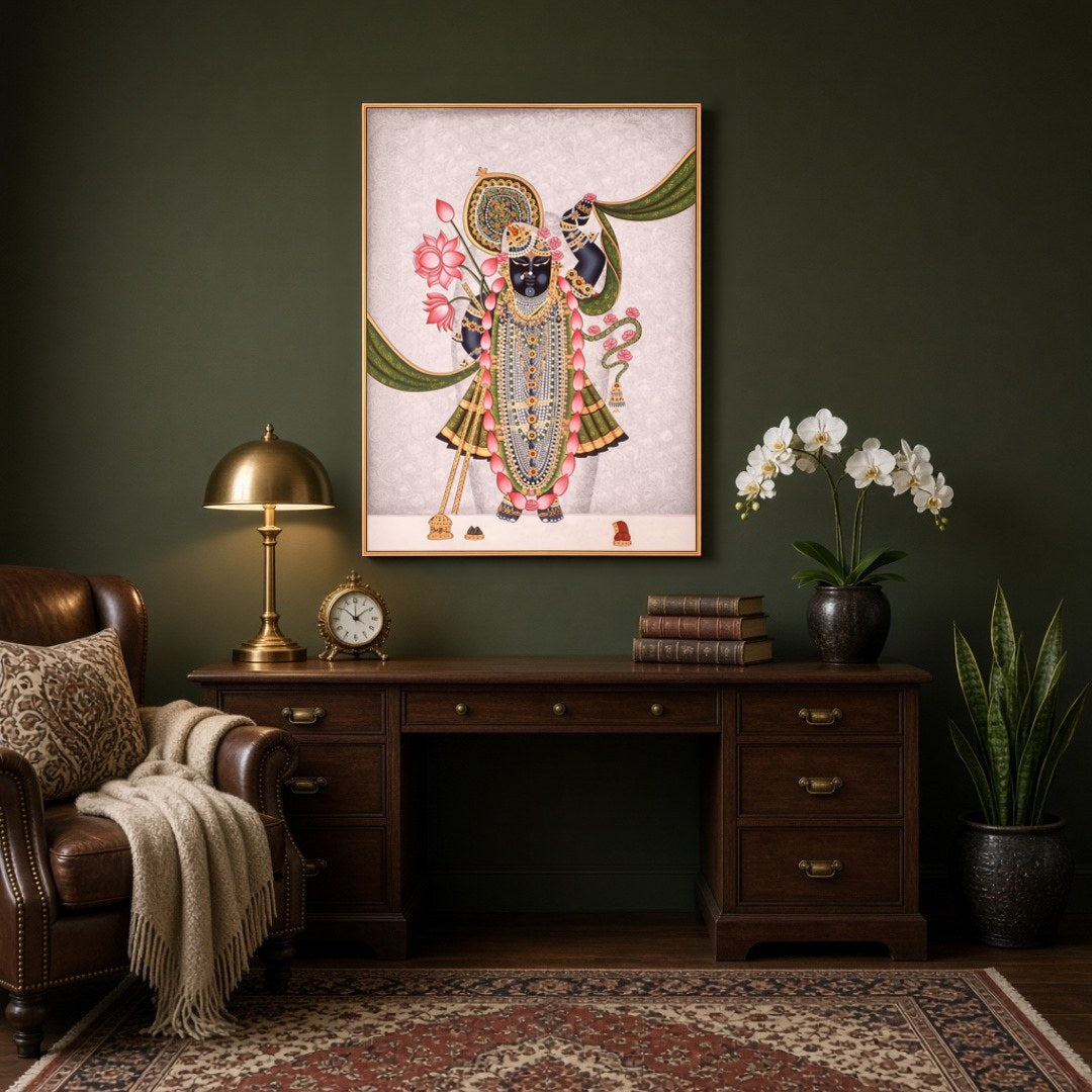 Immerse yourself in the divine elegance of Shrinathji, depicted with a resplendent lotus garland for Study