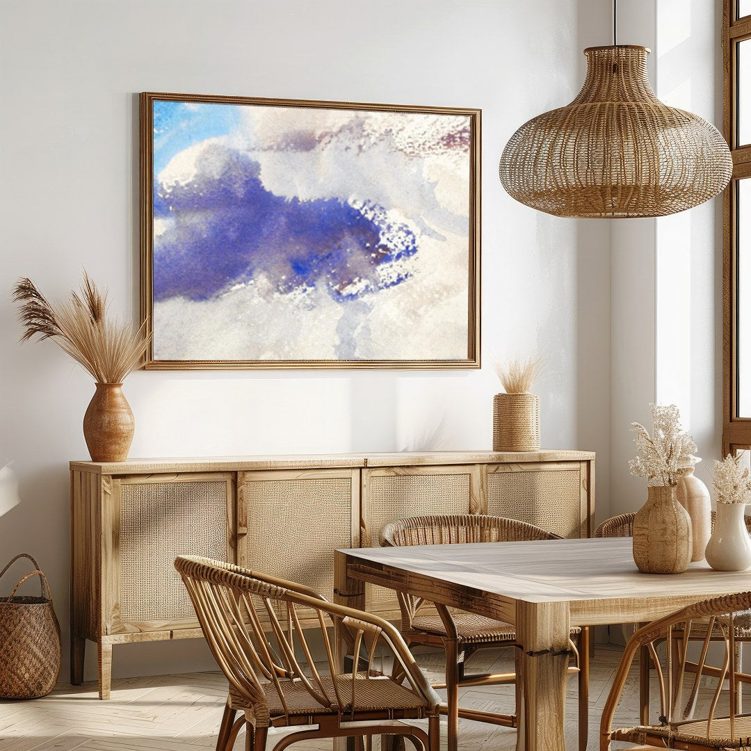 Capture the serene essence of the sky with this dreamy watercolor artwork. Delicate brushstrokes in for Dining