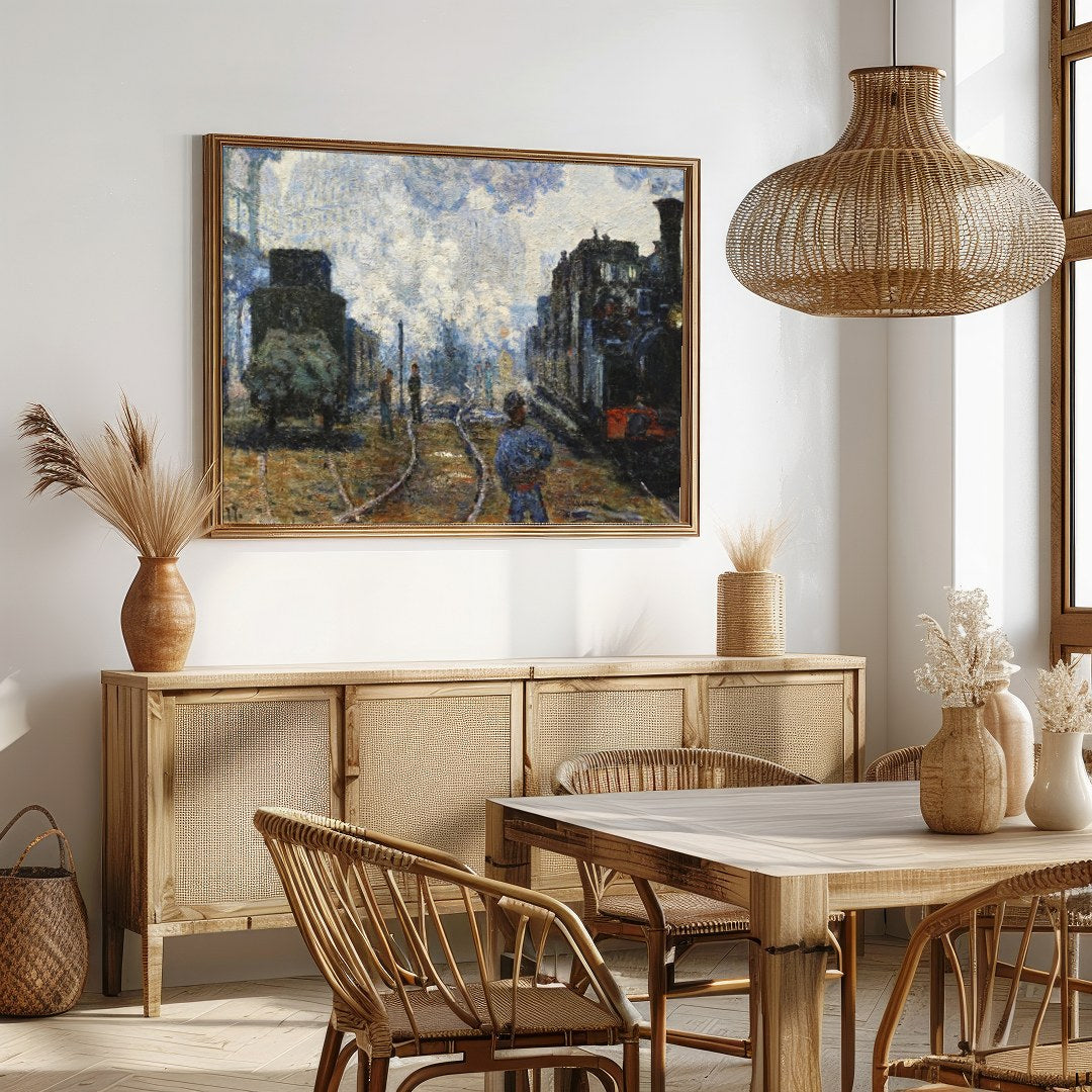 Immerse yourself in the ethereal ambiance of a bustling train station with this impressionistic for Dining