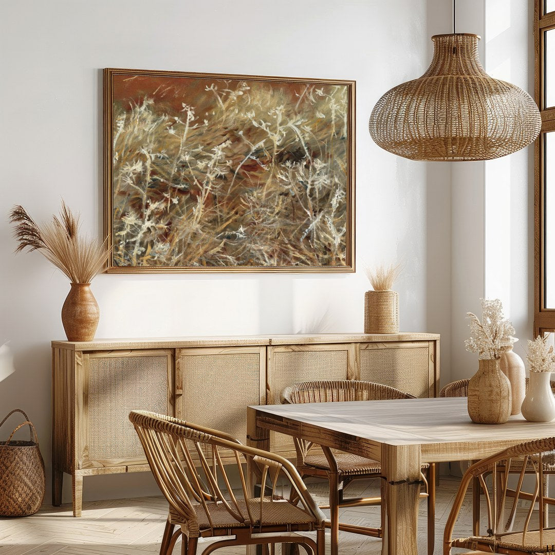 Dive into the delicate embrace of nature with 'Ethereal Wilderness: Whispering Grasses.' This for Dining