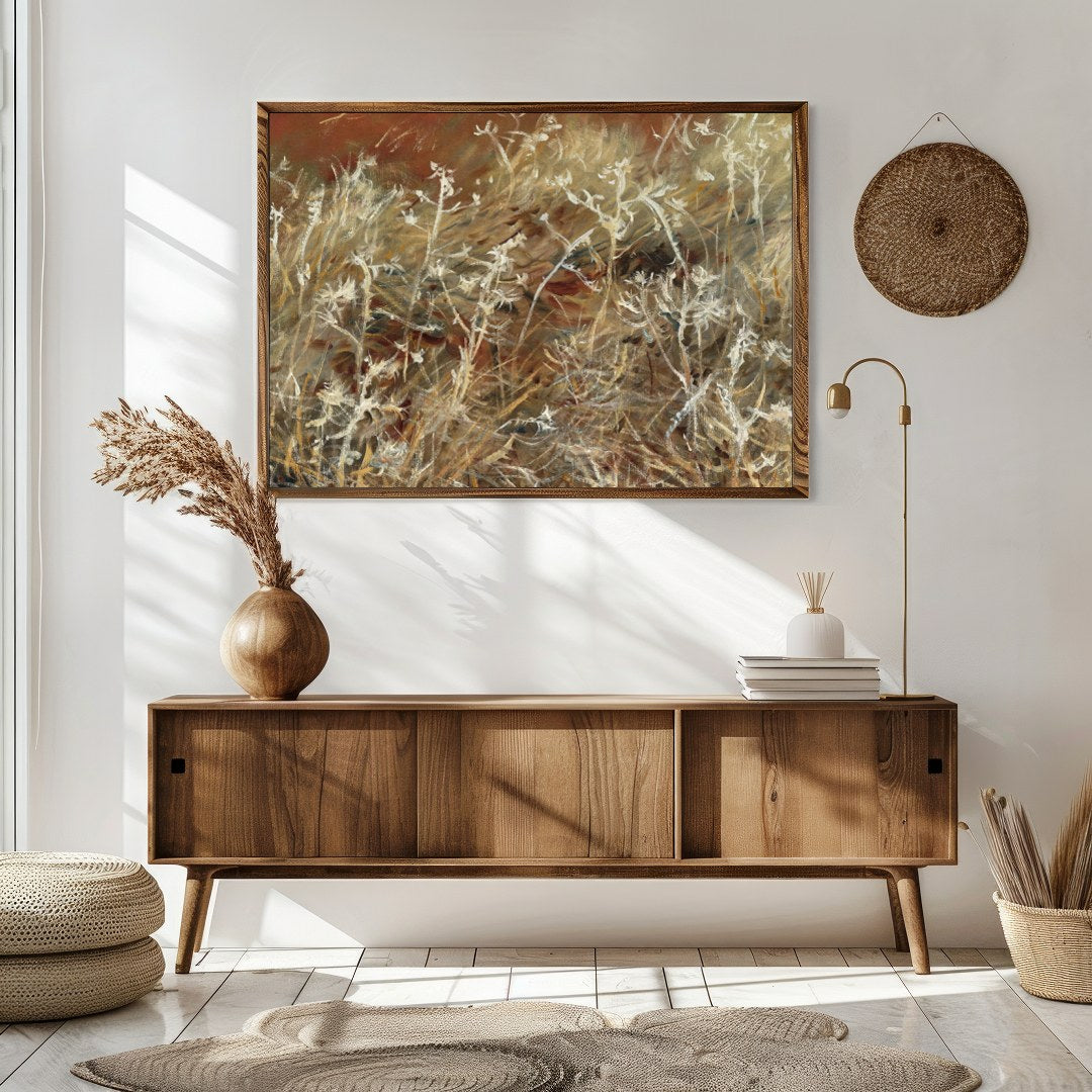 Dive into the delicate embrace of nature with 'Ethereal Wilderness: Whispering Grasses.' This for Sitting Area
