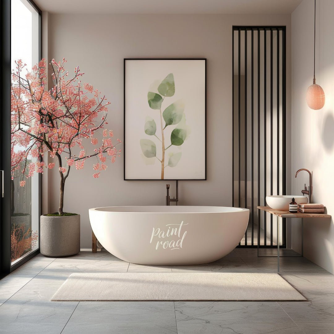 This delicate digital watercolor illustration features a sprig of eucalyptus leaves against a clean… for bathroom