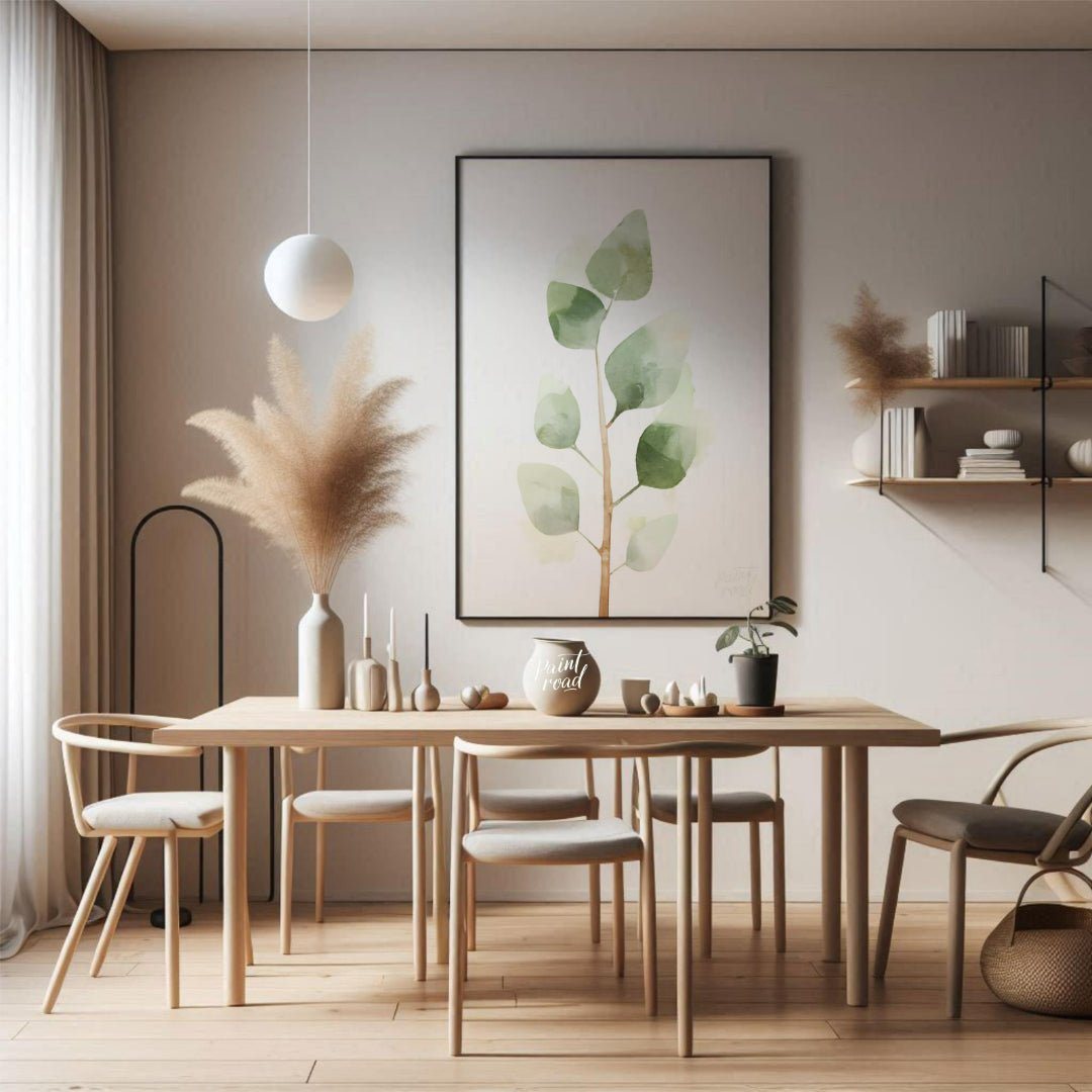 This delicate digital watercolor illustration features a sprig of eucalyptus leaves against a clean… for dining room