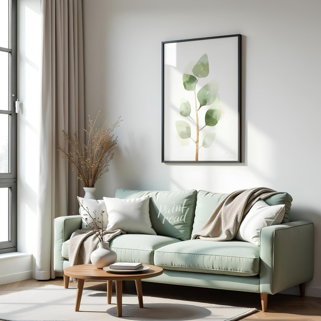 This delicate digital watercolor illustration features a sprig of eucalyptus leaves against a clean… for living room