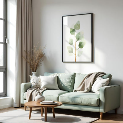 This delicate digital watercolor illustration features a sprig of eucalyptus leaves against a clean… for living room