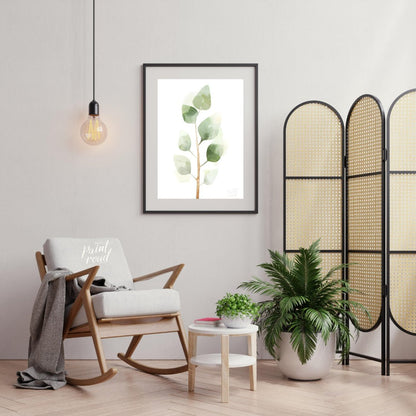 This delicate digital watercolor illustration features a sprig of eucalyptus leaves against a clean… for living room