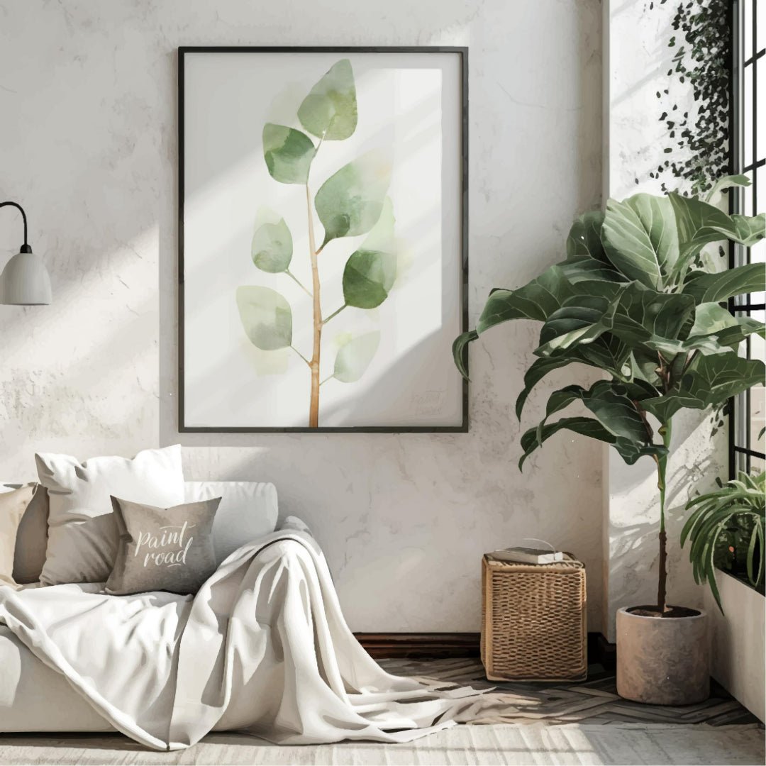 This delicate digital watercolor illustration features a sprig of eucalyptus leaves against a clean… for living room