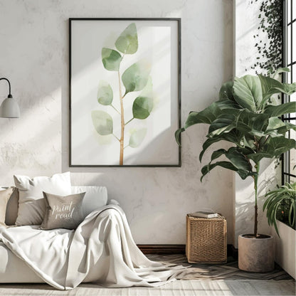 This delicate digital watercolor illustration features a sprig of eucalyptus leaves against a clean… for living room
