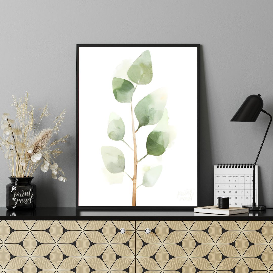 This delicate digital watercolor illustration features a sprig of eucalyptus leaves against a clean… for office