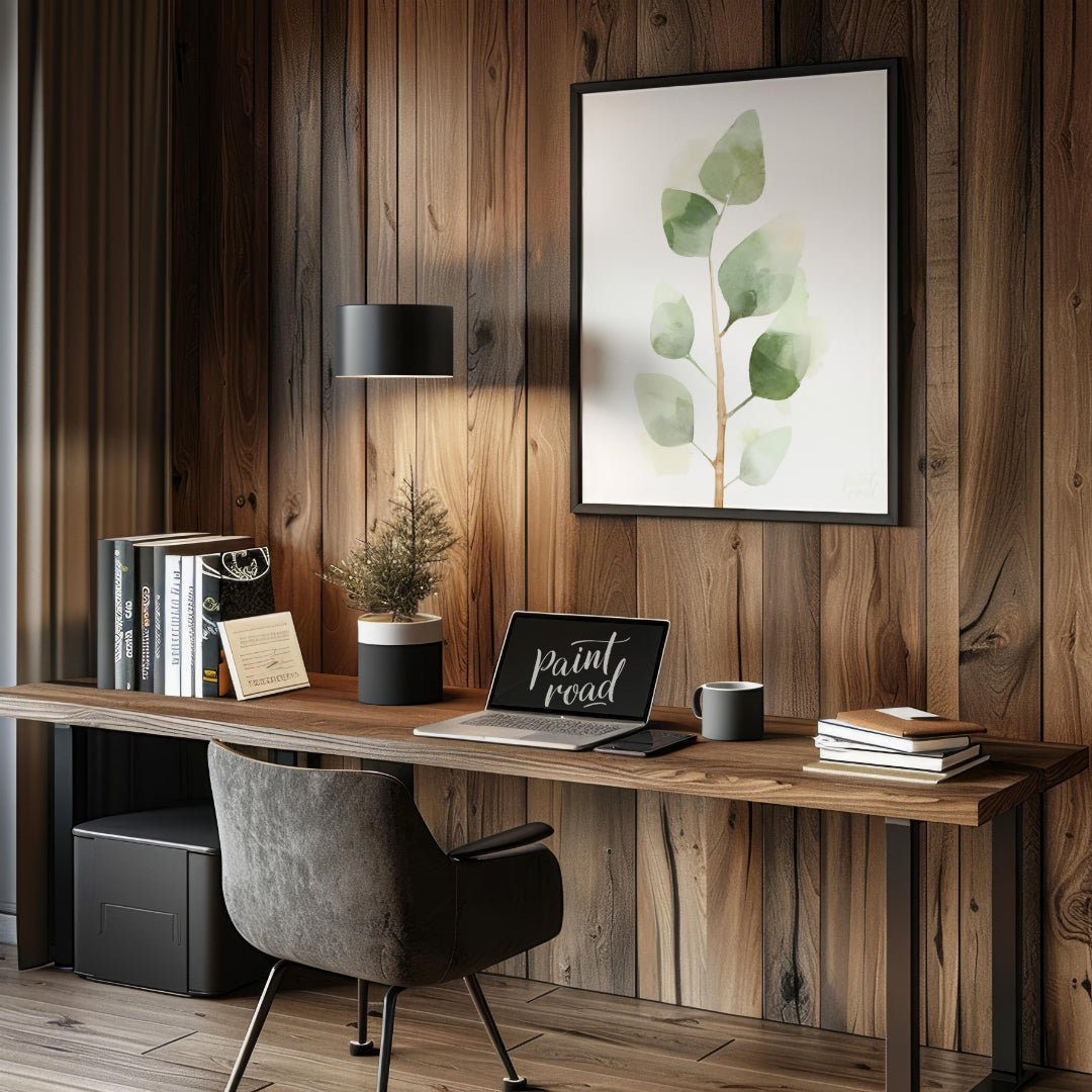 This delicate digital watercolor illustration features a sprig of eucalyptus leaves against a clean… for office