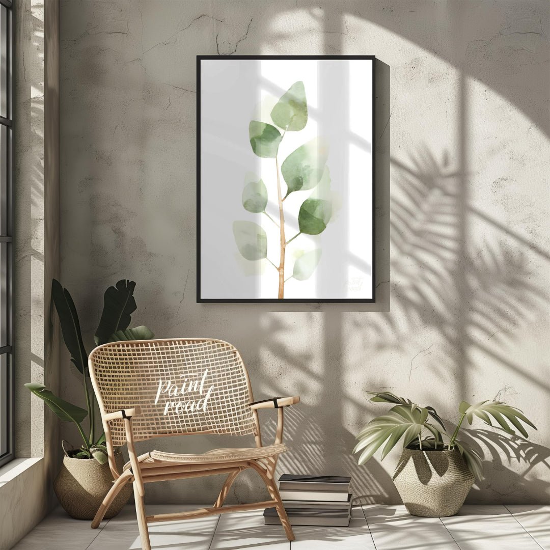 This delicate digital watercolor illustration features a sprig of eucalyptus leaves against a clean… for other