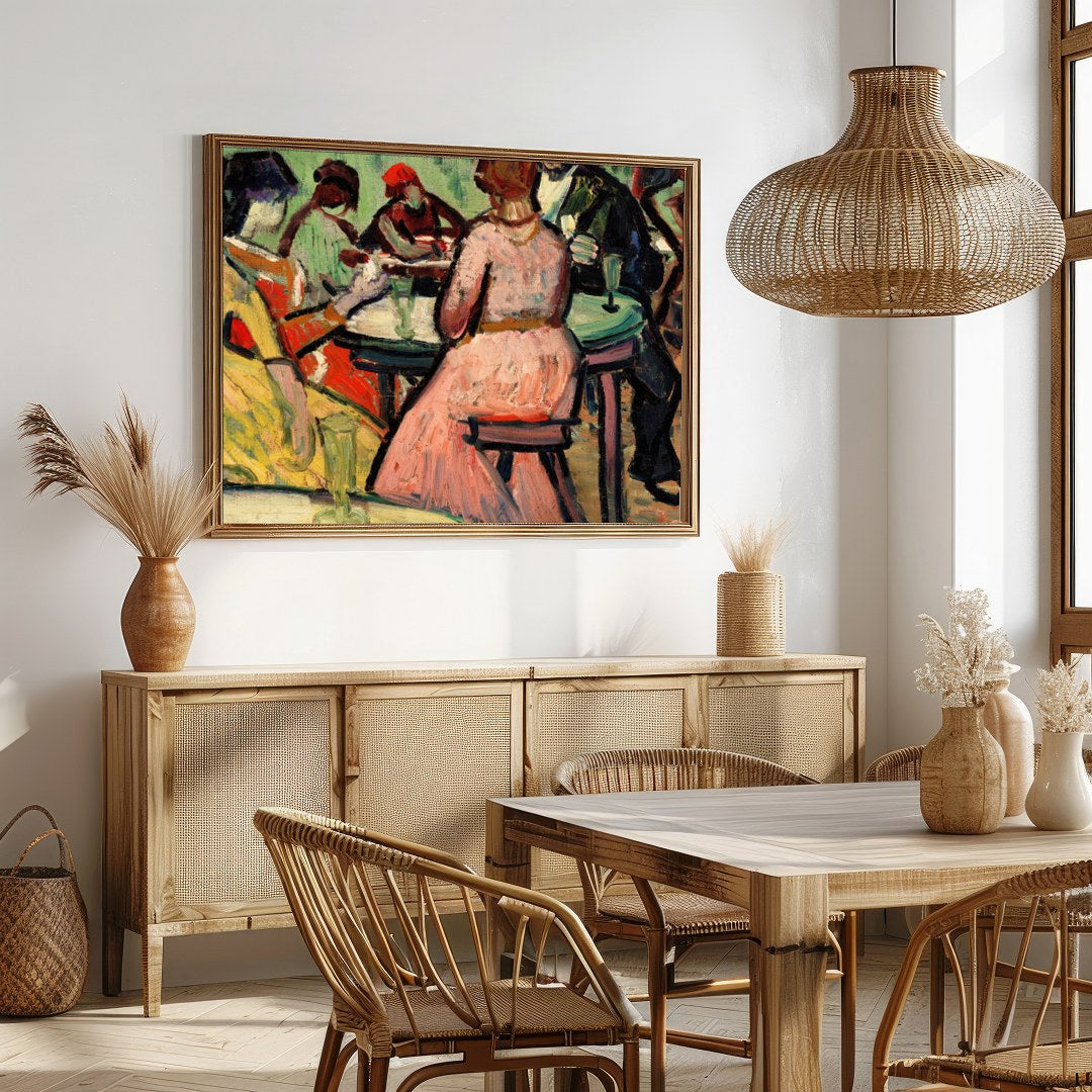 Immerse yourself in the vibrant energy of social evenings with this expressive artwork. Featuring for Dining