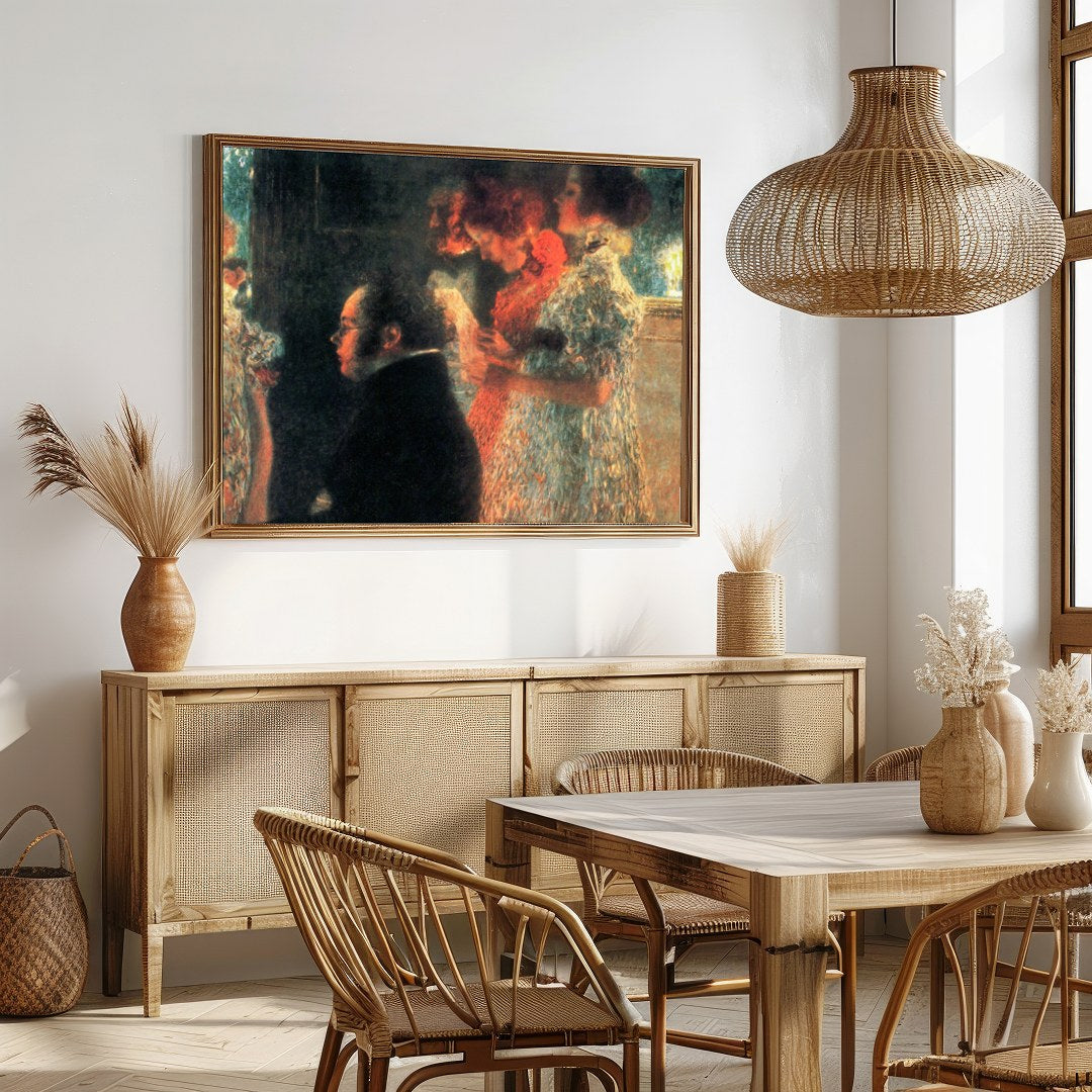 Capturing a moment of ethereal beauty, this artwork depicts an intimate gathering bathed in warm for Dining