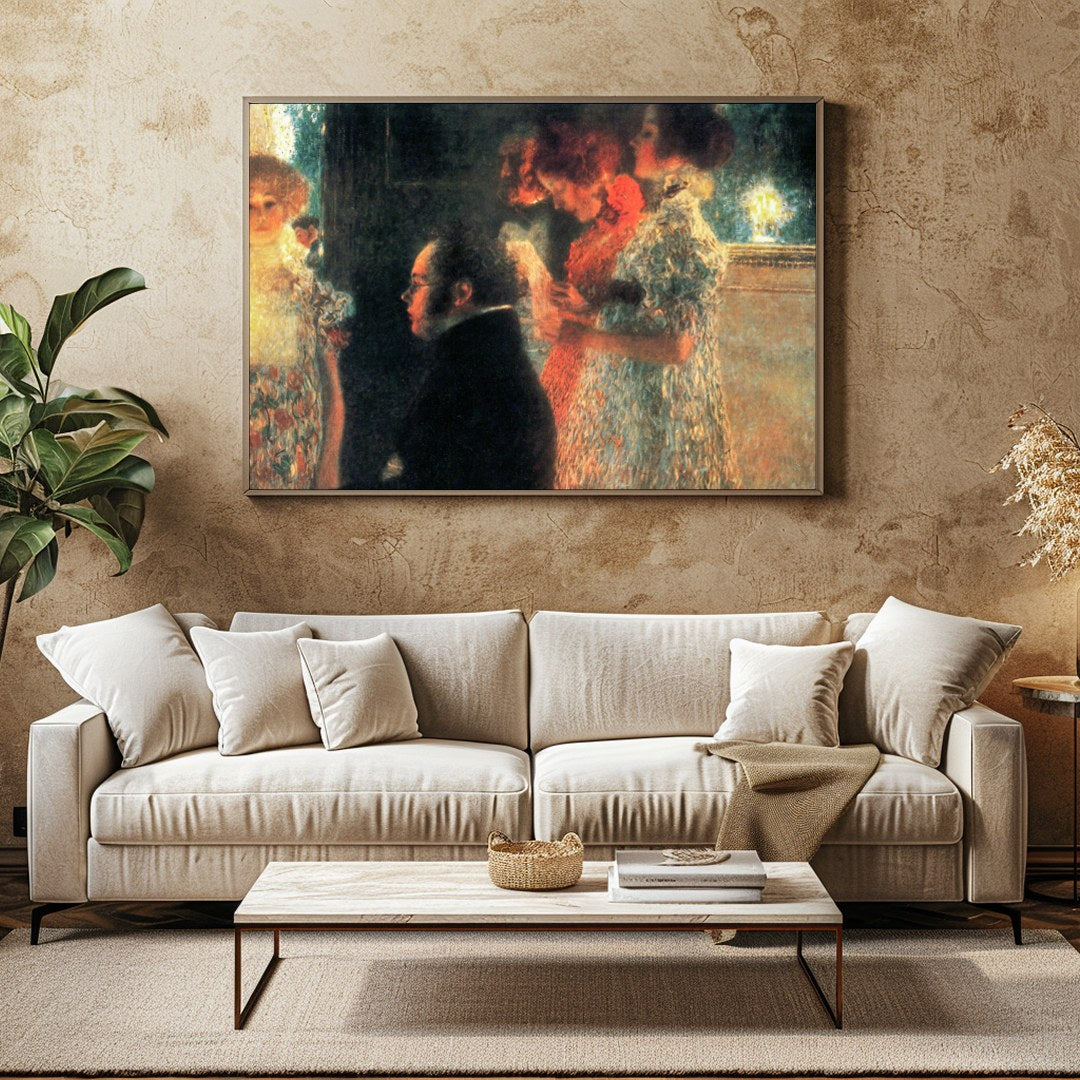 Capturing a moment of ethereal beauty, this artwork depicts an intimate gathering bathed in warm for Family Room
