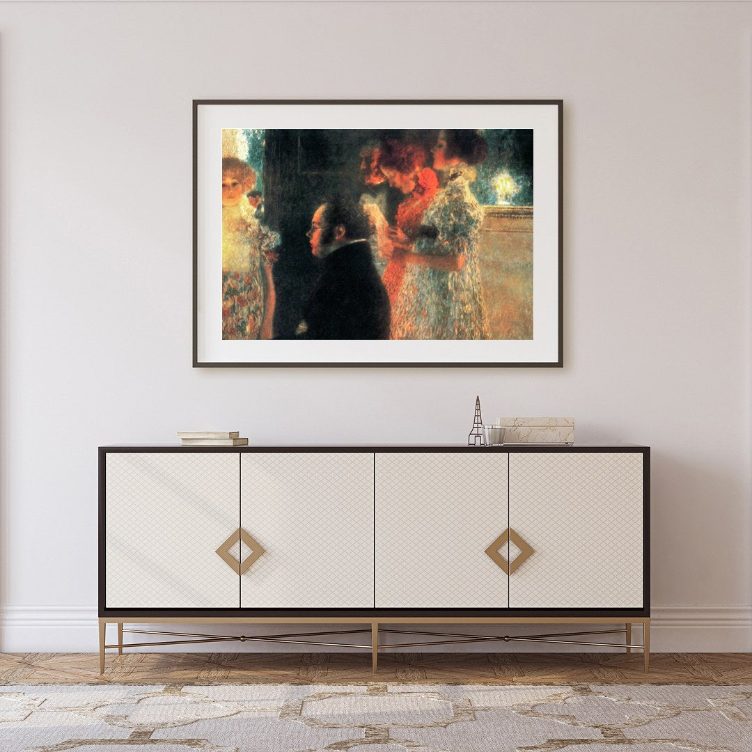 Capturing a moment of ethereal beauty, this artwork depicts an intimate gathering bathed in warm for Foyer