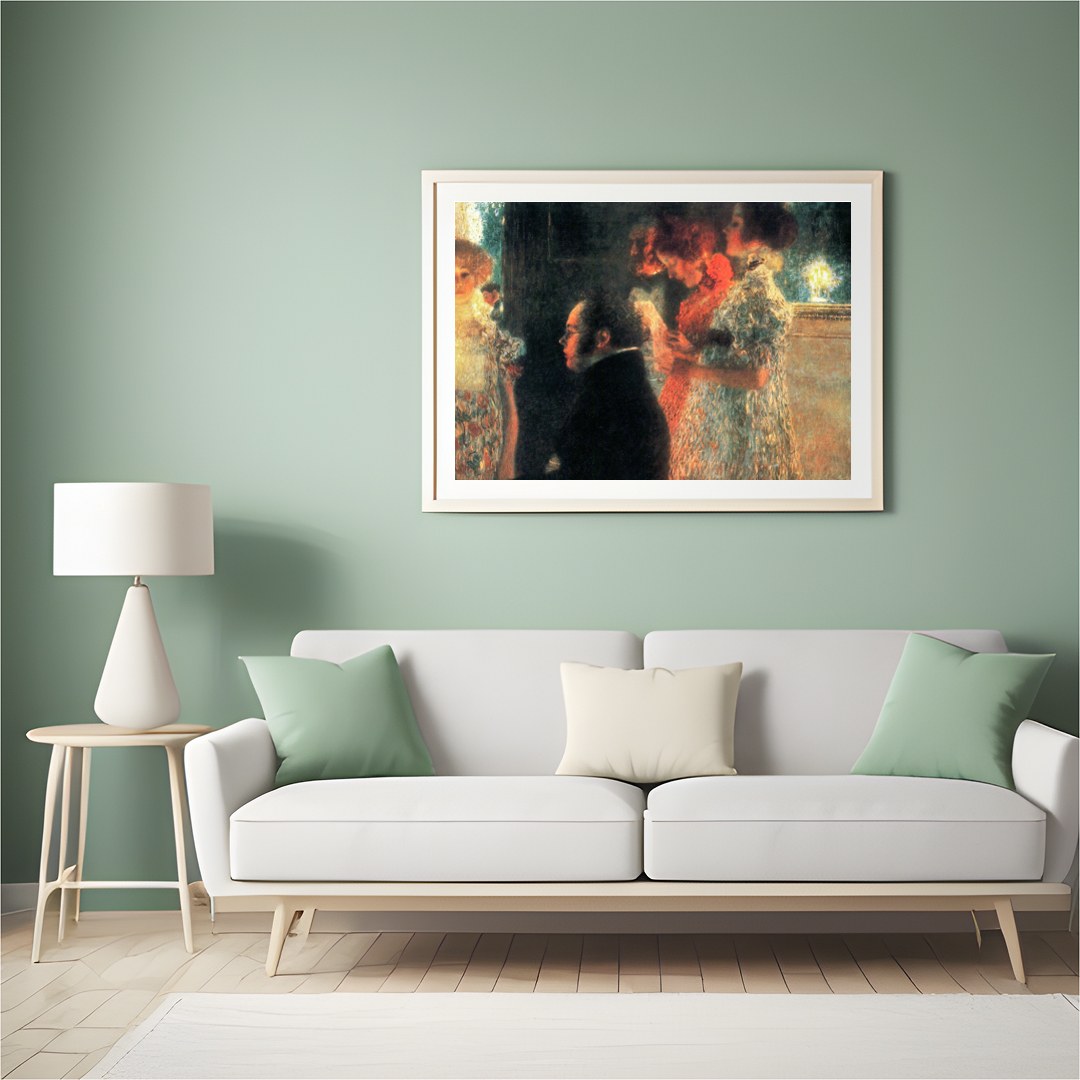 Capturing a moment of ethereal beauty, this artwork depicts an intimate gathering bathed in warm for Hall