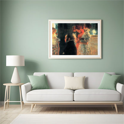Capturing a moment of ethereal beauty, this artwork depicts an intimate gathering bathed in warm for Hall