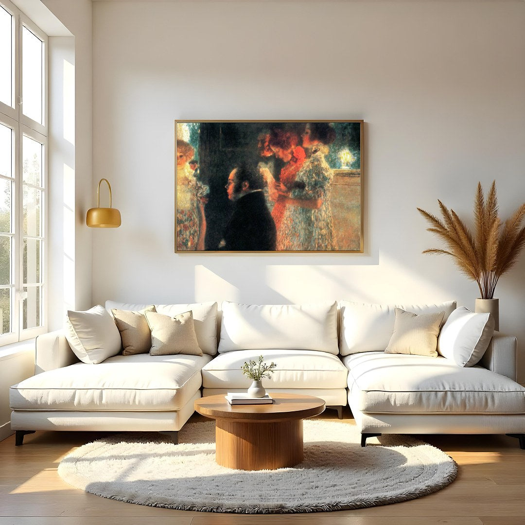 Capturing a moment of ethereal beauty, this artwork depicts an intimate gathering bathed in warm for Living Room