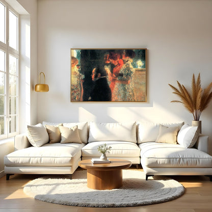 Capturing a moment of ethereal beauty, this artwork depicts an intimate gathering bathed in warm for Living Room