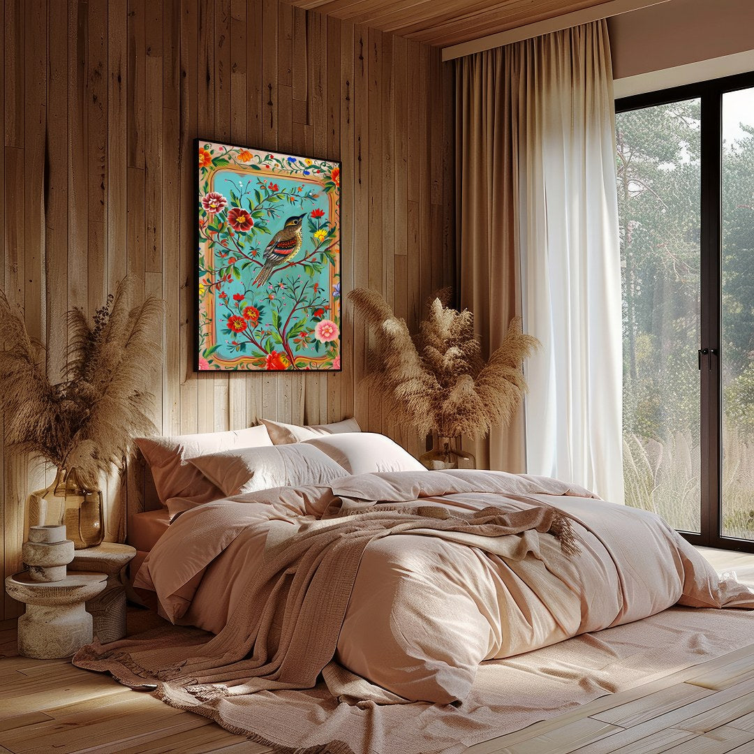 Immerse yourself in the vibrant beauty of nature with this exquisite artwork featuring a songbird for Bedroom