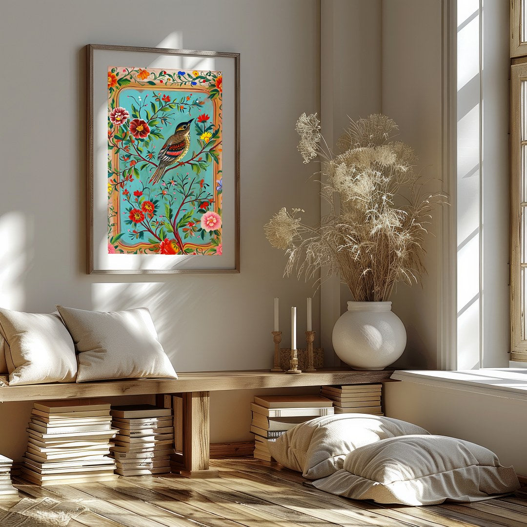 Immerse yourself in the vibrant beauty of nature with this exquisite artwork featuring a songbird for hallway