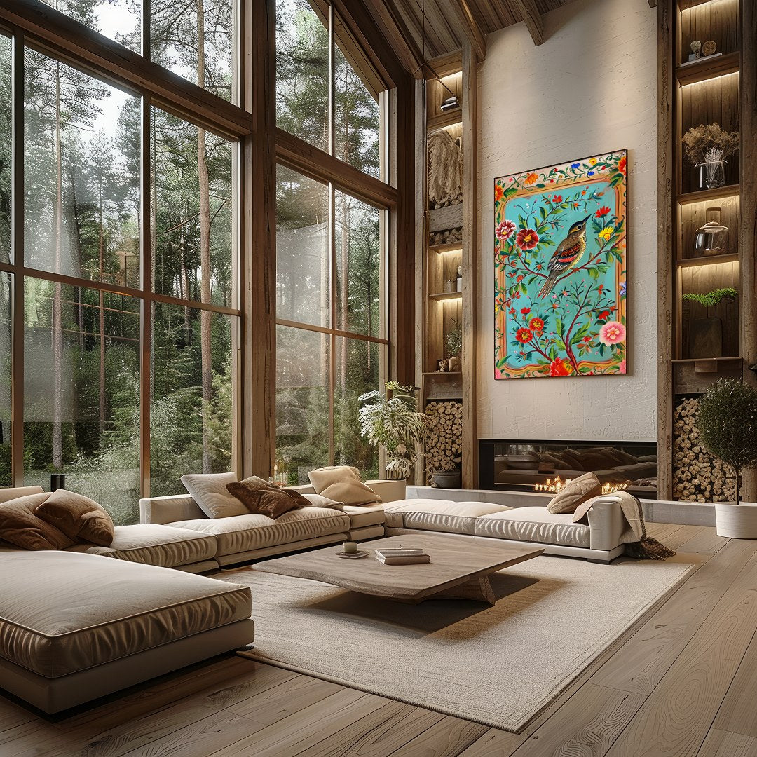 Immerse yourself in the vibrant beauty of nature with this exquisite artwork featuring a songbird for Living Room