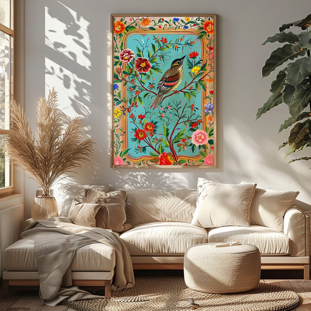 Immerse yourself in the vibrant beauty of nature with this exquisite artwork featuring a songbird for Sitting Area