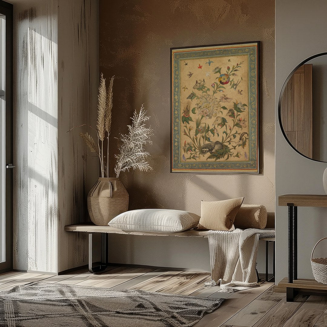 Delight in the intricate beauty of this Persian-style artwork, where a myriad of animals dance for abode