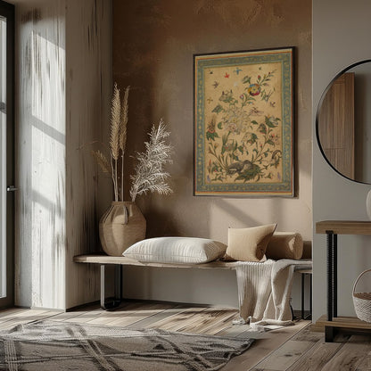 Delight in the intricate beauty of this Persian-style artwork, where a myriad of animals dance for abode