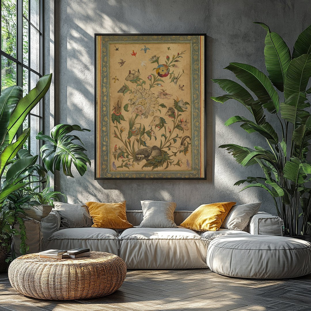 Delight in the intricate beauty of this Persian-style artwork, where a myriad of animals dance for Balcony