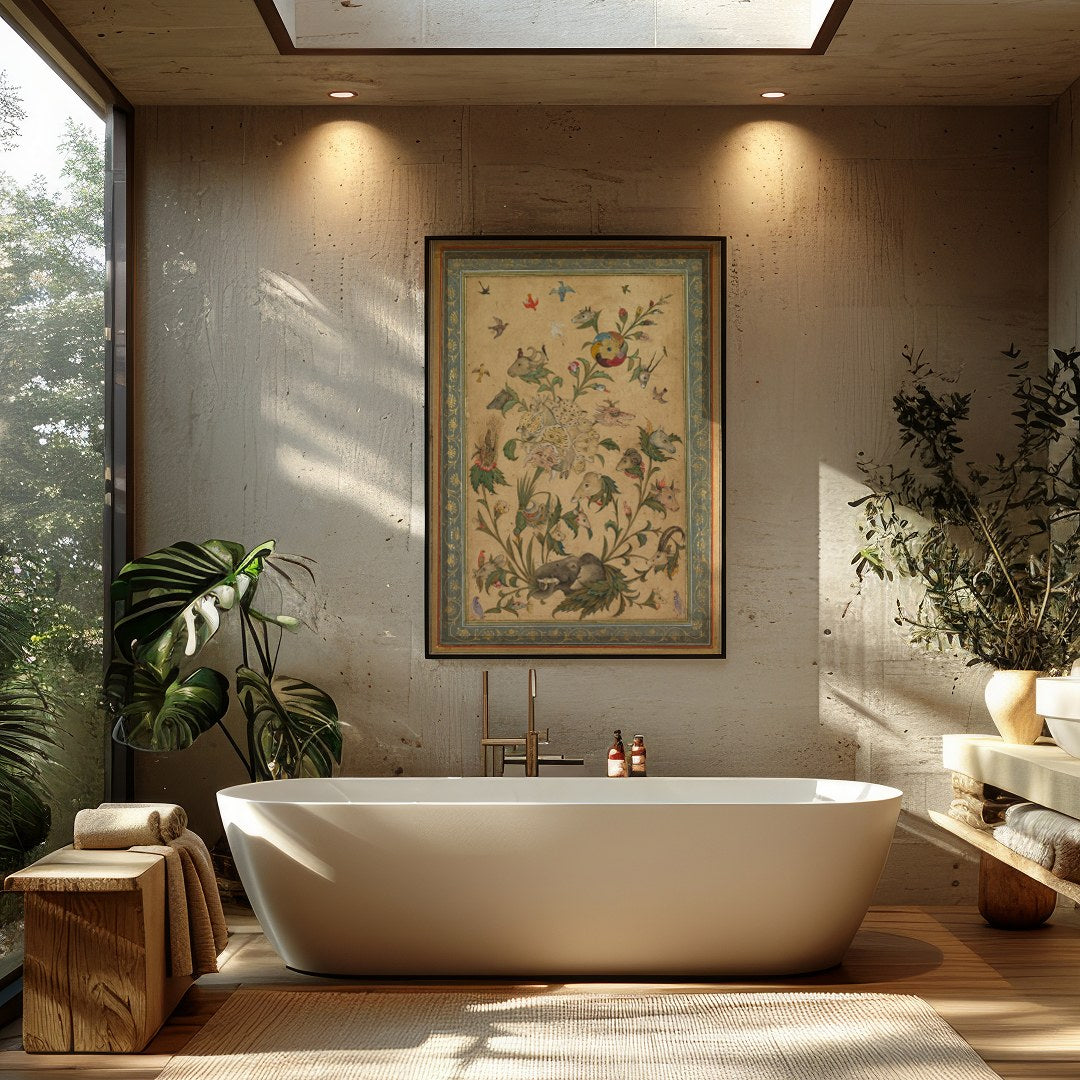 Delight in the intricate beauty of this Persian-style artwork, where a myriad of animals dance for Bathroom