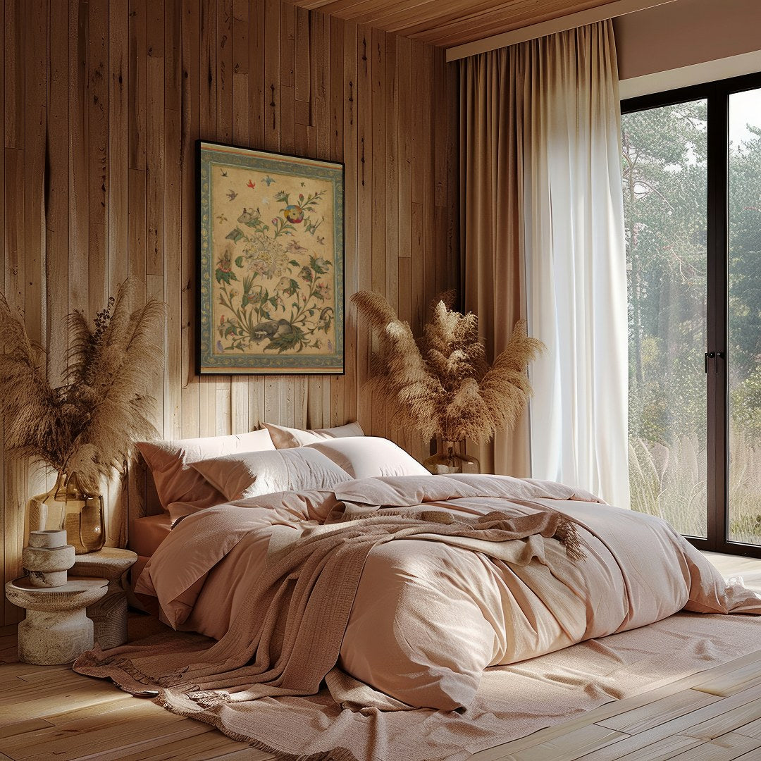 Delight in the intricate beauty of this Persian-style artwork, where a myriad of animals dance for Bedroom