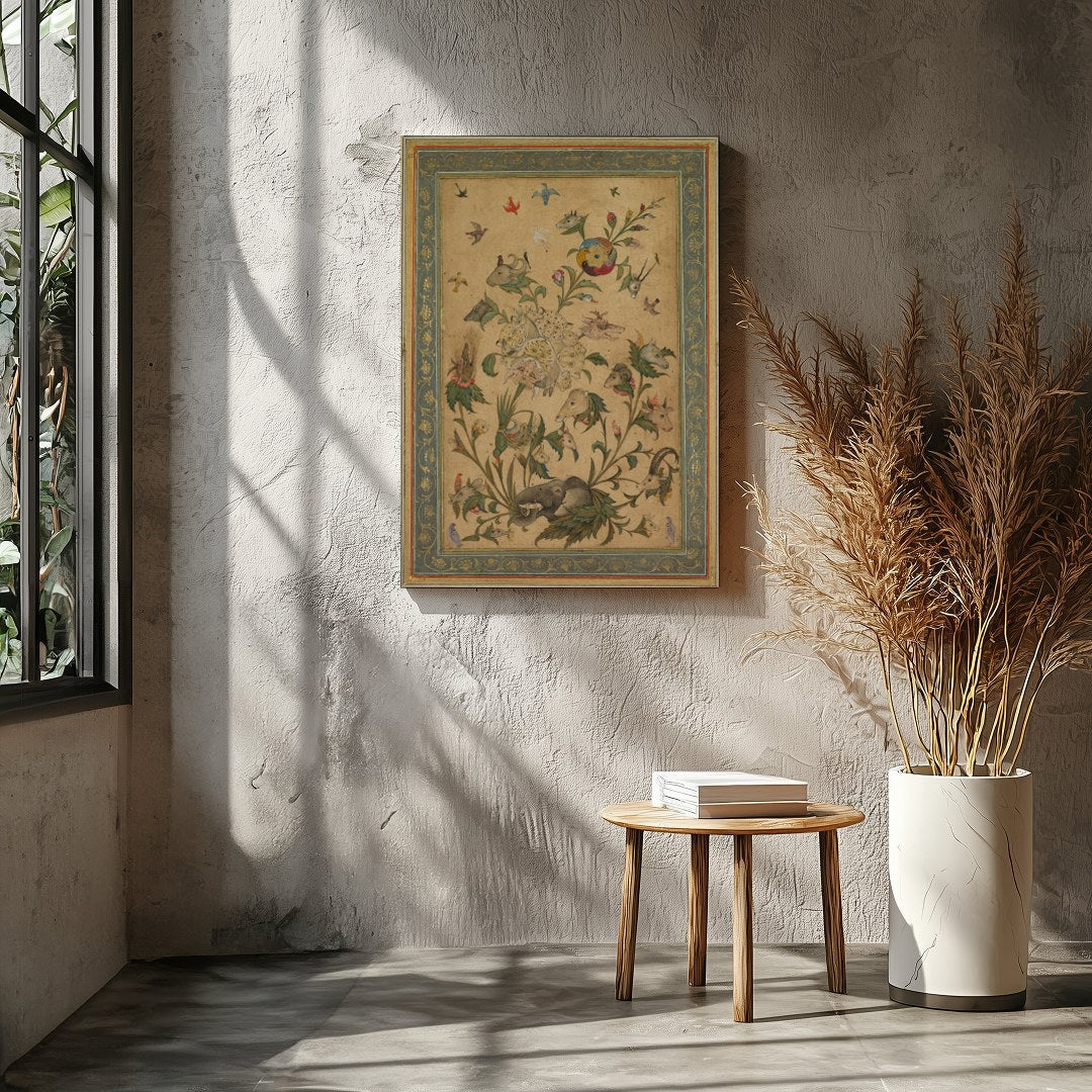 Delight in the intricate beauty of this Persian-style artwork, where a myriad of animals dance for Entrance