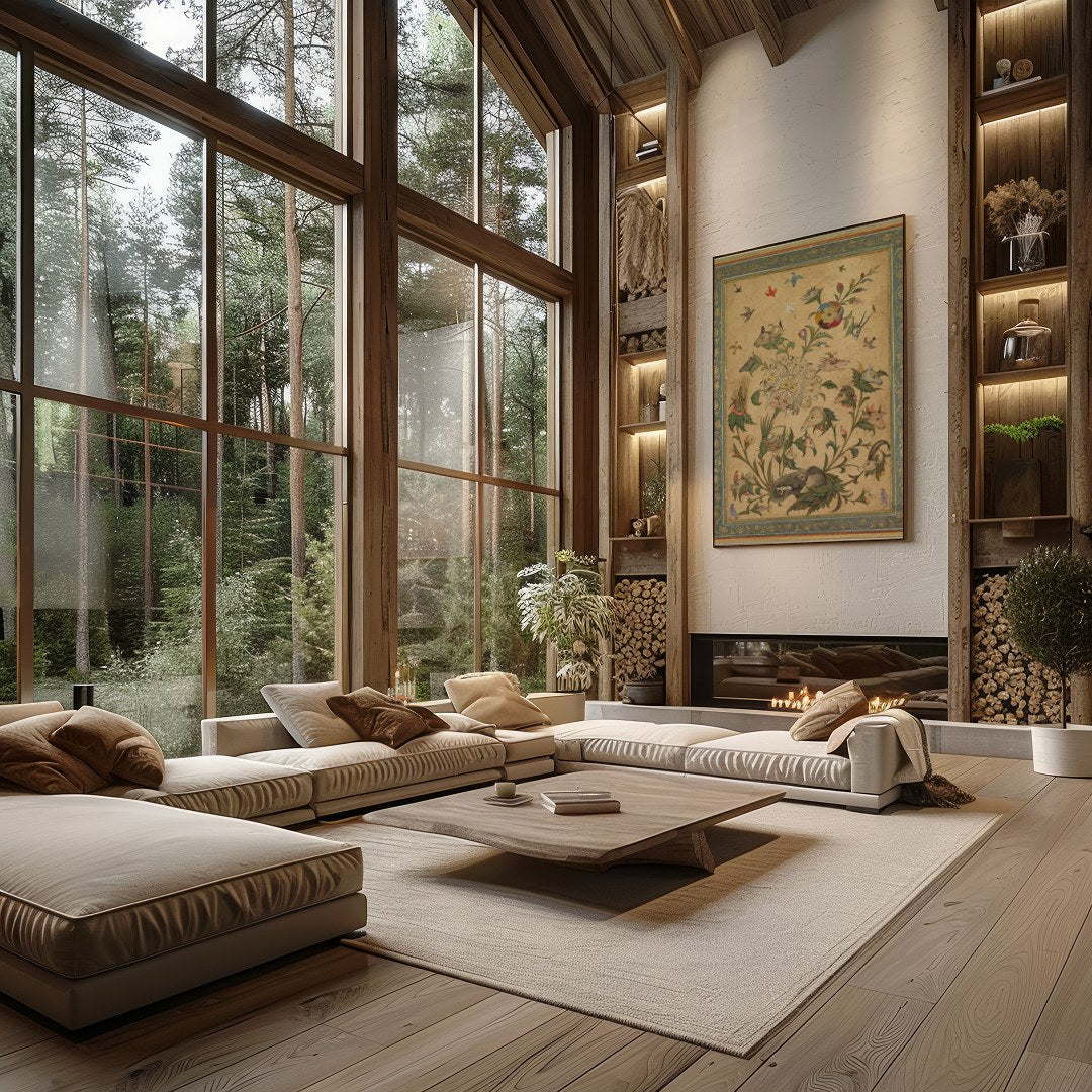 Delight in the intricate beauty of this Persian-style artwork, where a myriad of animals dance for Living Room