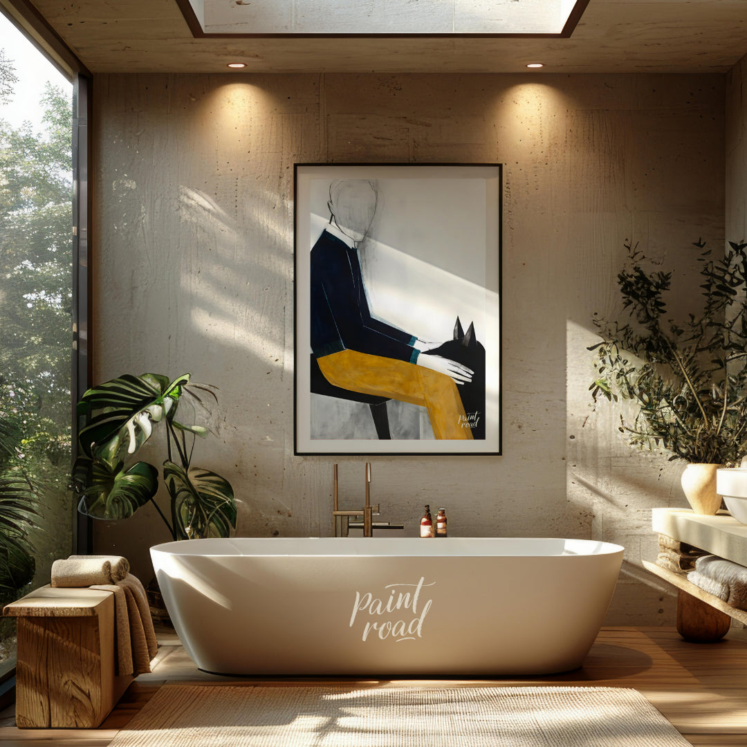 """Faceless Rider"" presents a stylized figure on horseback, rendered with bold blocks of color and… for bathroom