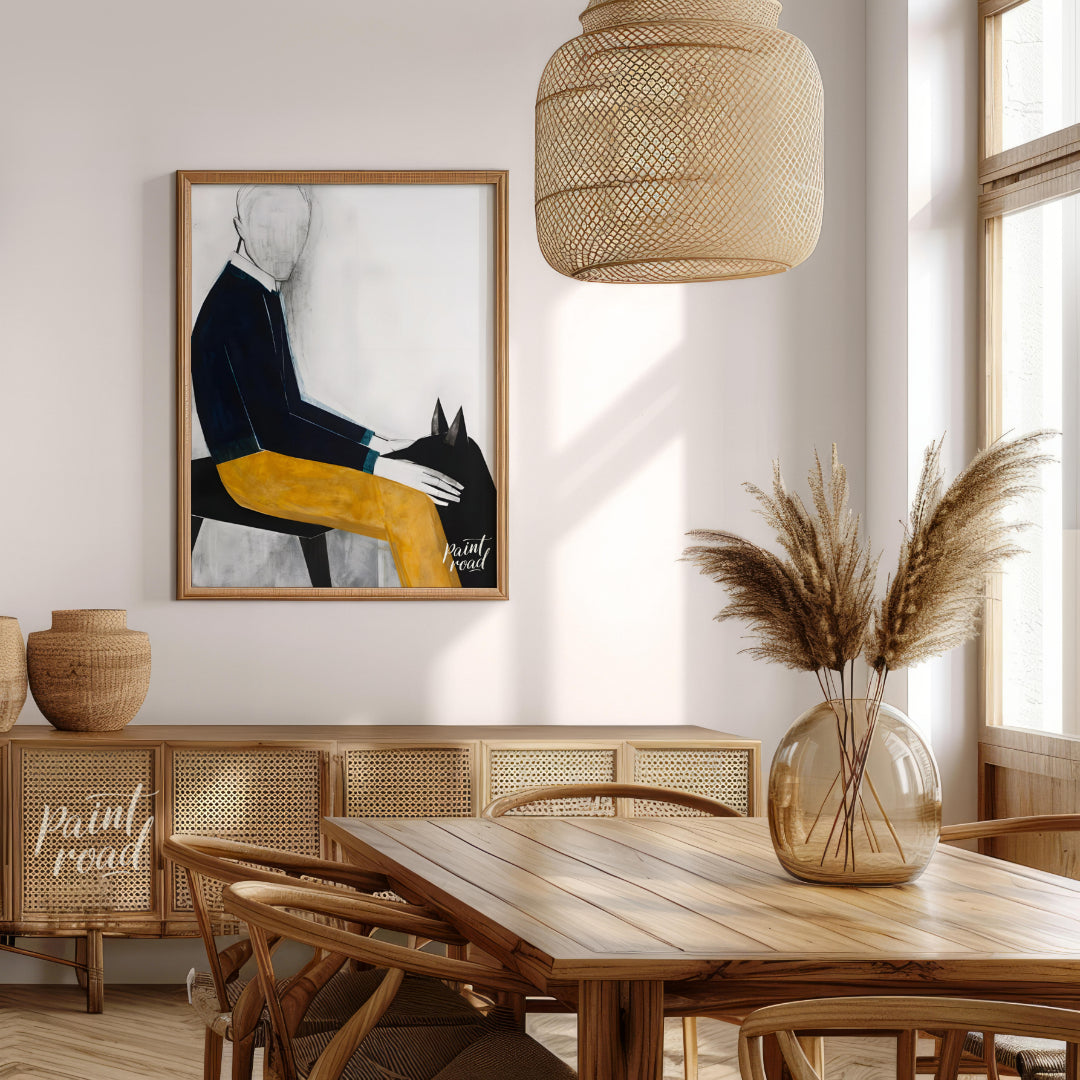 """Faceless Rider"" presents a stylized figure on horseback, rendered with bold blocks of color and… for dining room