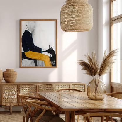 """Faceless Rider"" presents a stylized figure on horseback, rendered with bold blocks of color and… for dining room
