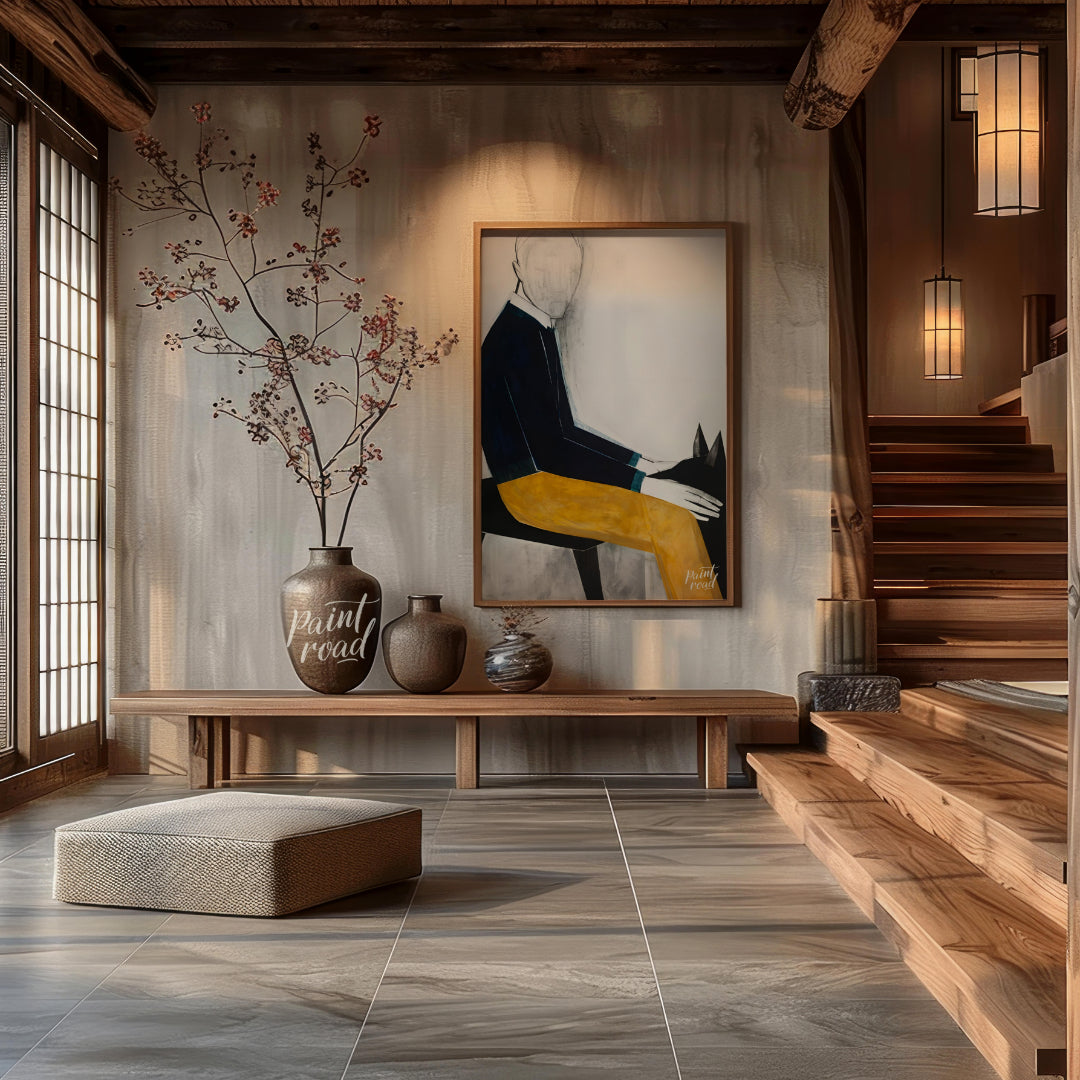 """Faceless Rider"" presents a stylized figure on horseback, rendered with bold blocks of color and… for entryway