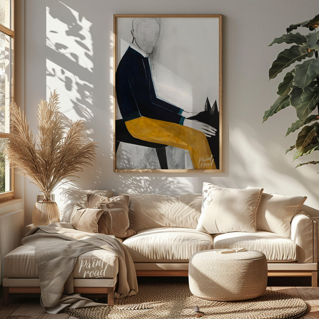 """Faceless Rider"" presents a stylized figure on horseback, rendered with bold blocks of color and… for living room