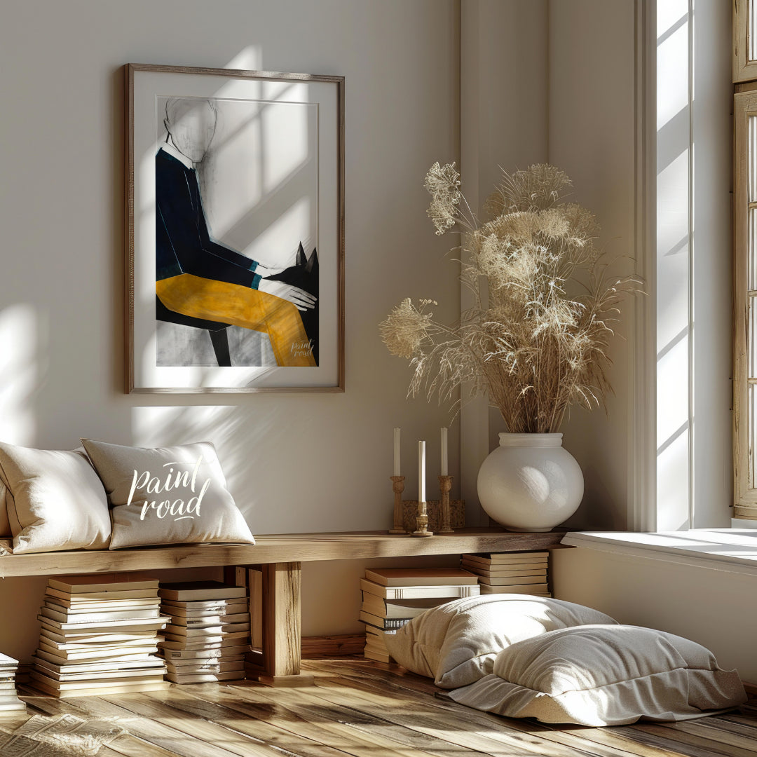 """Faceless Rider"" presents a stylized figure on horseback, rendered with bold blocks of color and… for living room