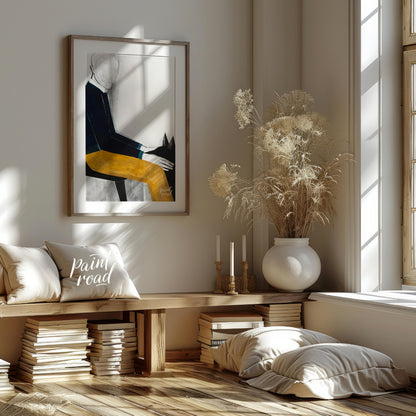 """Faceless Rider"" presents a stylized figure on horseback, rendered with bold blocks of color and… for living room