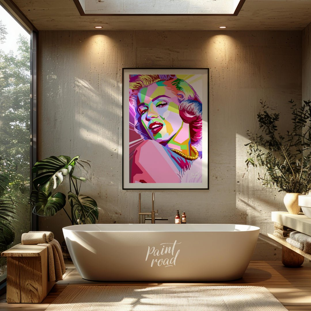 This digital artwork presents a striking, geometric reimagining of Marilyn Monroe. The artist emplo… for bathroom