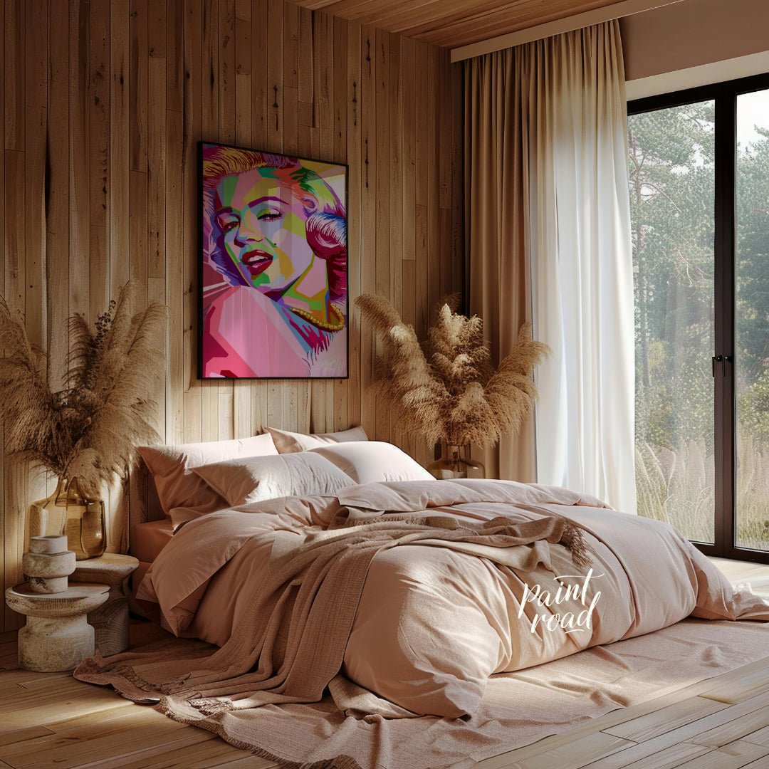 This digital artwork presents a striking, geometric reimagining of Marilyn Monroe. The artist emplo… for bedroom