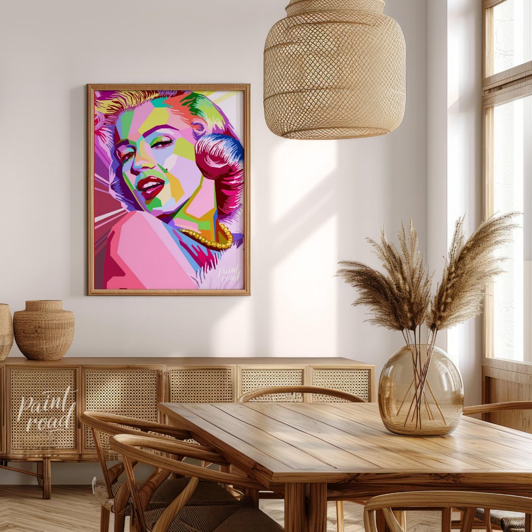 This digital artwork presents a striking, geometric reimagining of Marilyn Monroe. The artist emplo… for dining room