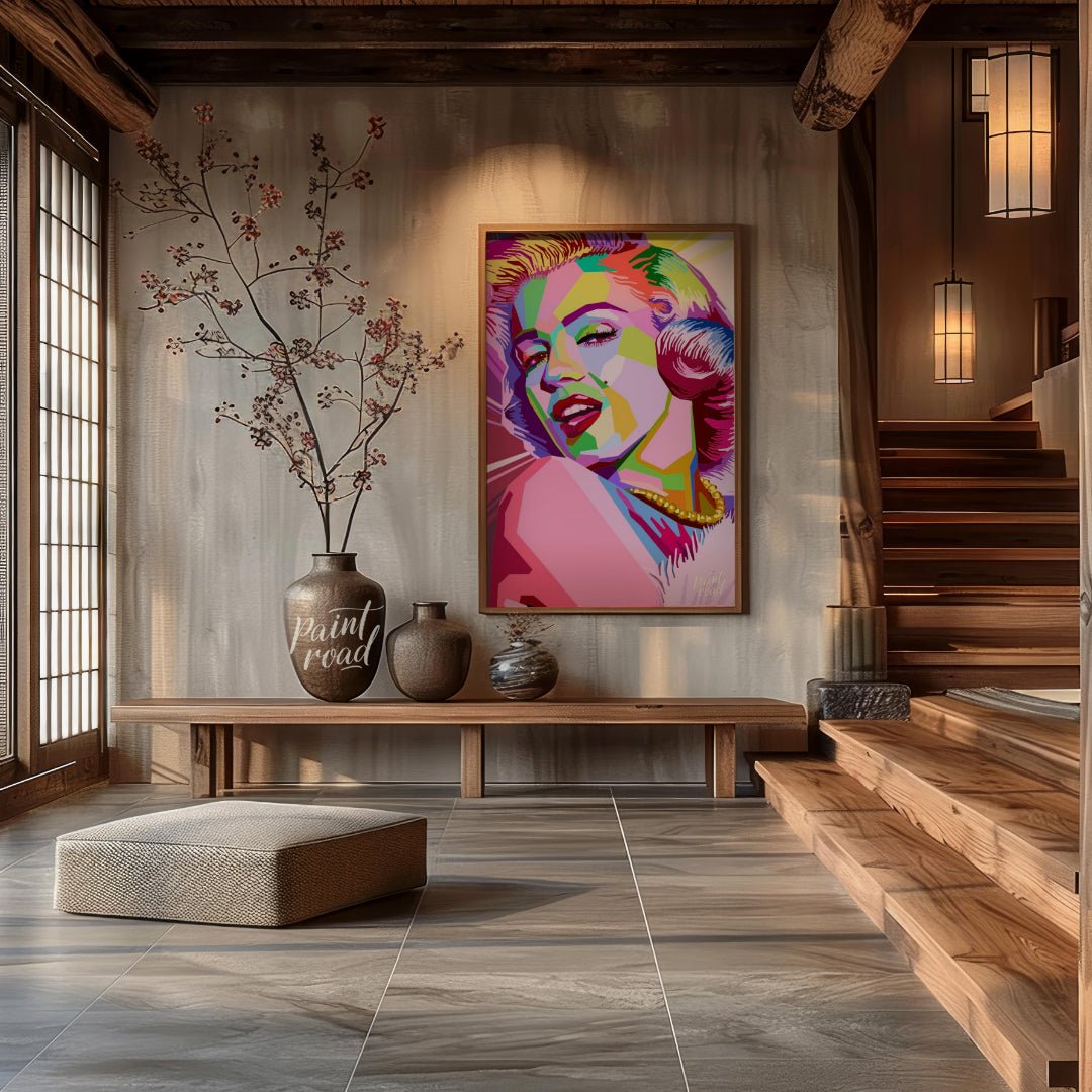 This digital artwork presents a striking, geometric reimagining of Marilyn Monroe. The artist emplo… for entryway